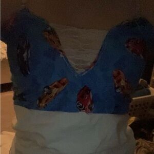 Blue and White Car Print Top